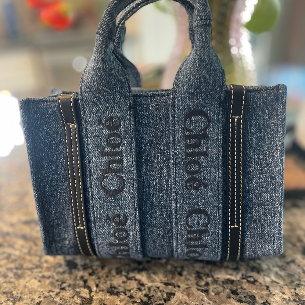 Chloe Mini Woody Linen Tote Navy Denim